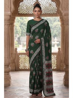 Anjaneya Sarees - Green Cotton Printed Solid Saree With Unstitched Blouse