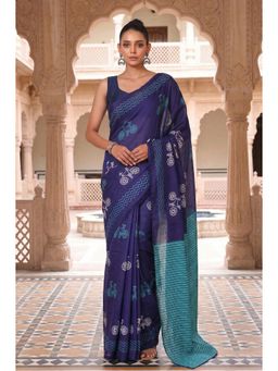 Anjaneya Sarees - Blue Women Designer Cotton Silk Printed Solid Saree With Unstitched Blouse