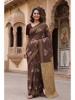 Anjaneya Sarees - Brown Designer Cotton Silk Printed Solid Saree With Unstitched Blouse