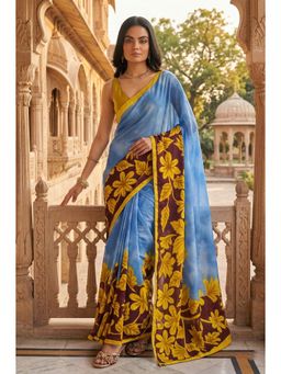 Anjaneya Sarees - Blue Designer Cotton Printed Solid Saree With Unstitched Blouse