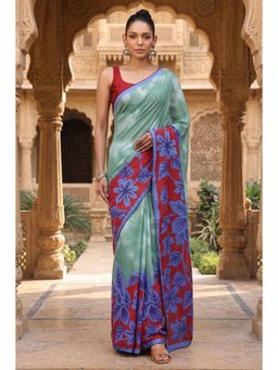 Anjaneya Sarees - Women Teal Designer Cotton Silk Printed Solid Saree With Unstitched Blouse