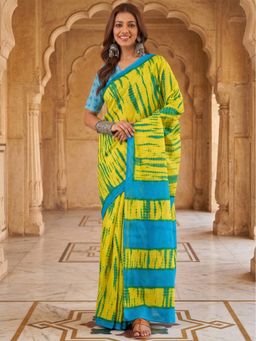 Anjaneya Sarees - Green Designer Cotton Printed Solid Saree With Unstitched Blouse