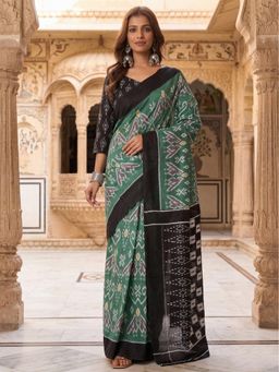Anjaneya Sarees - Green Cotton Silk Printed Solid Saree With Unstitched Blouse