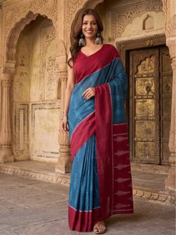 Anjaneya Sarees - Women Teal Cotton Silk Printed Solid Saree With Unstitched Blouse