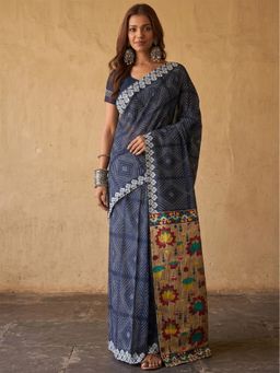 Anjaneya Sarees - Women Blue Designer Cotton Silk Printed Solid Saree With Unstitched Blouse