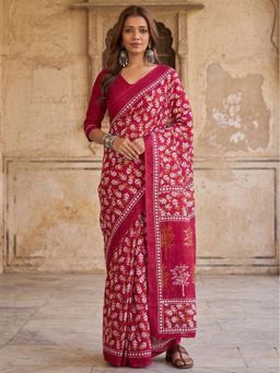 Anjaneya Sarees - Women Red Designer Cotton Silk Printed Solid Saree With Unstitched Blouse