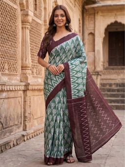Anjaneya Sarees - Women Green Designer Cotton Silk Printed Solid Saree With Unstitched Blouse