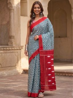 Anjaneya Sarees - Green Women Designer Cotton Silk Printed Solid Saree With Unstitched Blouse