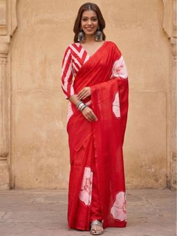 Anjaneya Sarees - Women Red Designer Cotton Silk Printed Solid Saree With Unstitched Blouse