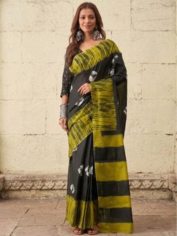 Anjaneya Sarees - Black Women Cotton Silk Printed Solid Saree With Unstitched Blouse