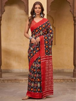 Anjaneya Sarees - Black Designer Cotton Silk Printed Solid Saree With Unstitched Blouse