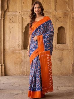 Anjaneya Sarees - Women Blue Designer Cotton Silk Printed Solid Saree With Unstitched Blouse