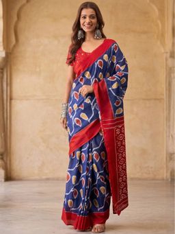 Anjaneya Sarees - Blue Designer Cotton Silk Printed Solid Saree With Unstitched Blouse