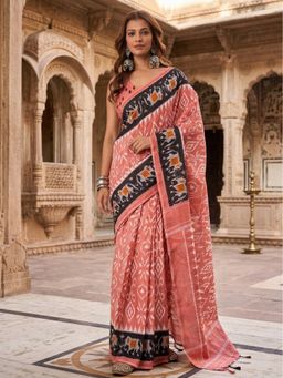 Anjaneya Sarees - Peach Designer Cotton Silk Printed Solid Saree With Unstitched Blouse
