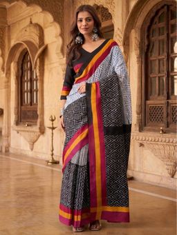 Anjaneya Sarees - Grey Women Designer Cotton Silk Printed Solid Saree With Unstitched Blouse