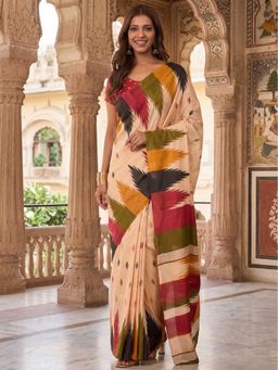 Anjaneya Sarees - Beige Designer Cotton Silk Printed Solid Saree With Unstitched Blouse