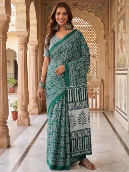 Anjaneya Sarees - Green Designer Cotton Silk Printed Solid Saree With Unstitched Blouse