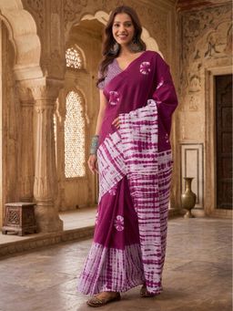 Anjaneya Sarees - Purple Designer Cotton Silk Printed Solid Saree With Unstitched Blouse