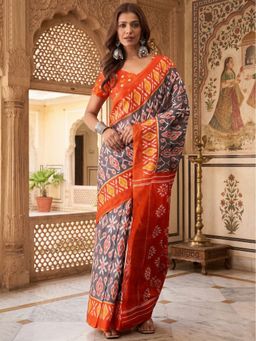 Anjaneya Sarees - Grey Designer Cotton Silk Printed Solid Saree With Unstitched Blouse