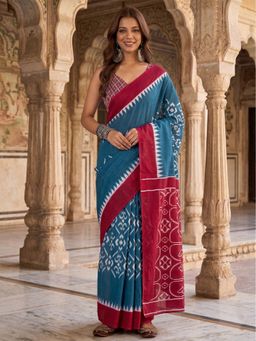 Anjaneya Sarees - Teal Designer Cotton Silk Printed Solid Saree With Unstitched Blouse