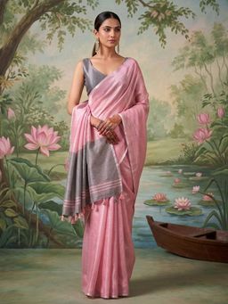 Sutriti - Women Rose Pink Tissue Silk Saree With Unstitched Blouse
