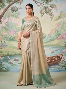 Sutriti - Beige Gold Tissue Silk Saree With Unstitched Blouse