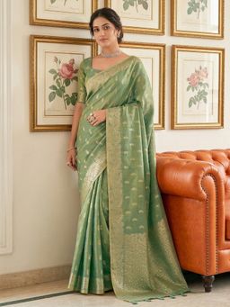 Sutriti - Mehendi Green Tissue Silk Saree With Unstitched Blouse