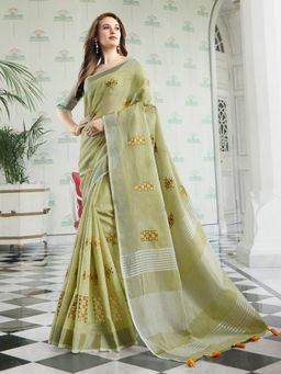 Sutriti - Women Light Green with Floral Embroidery Saree With Unstitched Blouse