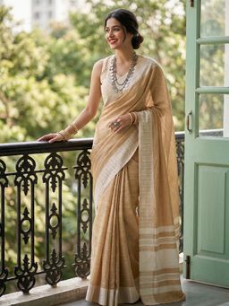 Sutriti - Beige Linen Saree With Unstitched Blouse