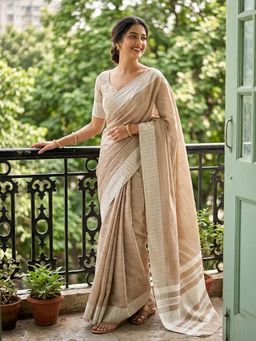 Sutriti - Beige Linen Saree With Unstitched Blouse