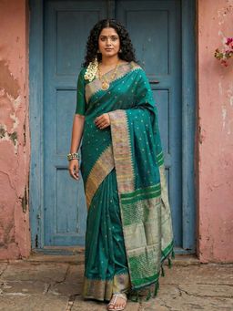 Sutriti - Bottle Green Zari Woven Banarasi Style Semi-Silk Saree With Unstitched Blouse