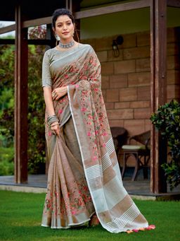 Sutriti - Women Brown Linen Placement Embroidery Saree With Unstitched Blouse