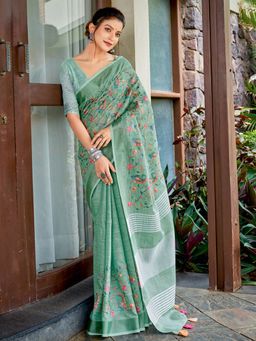 Sutriti - Women Linen Placement Embroidery Saree With Unstitched Blouse