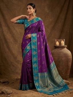 Sutriti - Purple Banarasi Soft Silk Saree With Unstitched Blouse