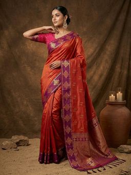 Sutriti - Red Orange Banarasi Soft Silk Saree With Unstitched Blouse