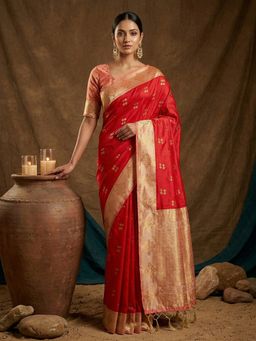 Sutriti - Women Red Banarasi Soft Silk Saree With Unstitched Blouse