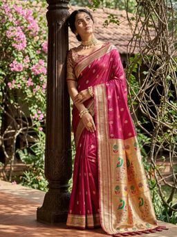 Sutriti - Women Magenta Pathani Soft Silk Saree With Unstitched Blouse