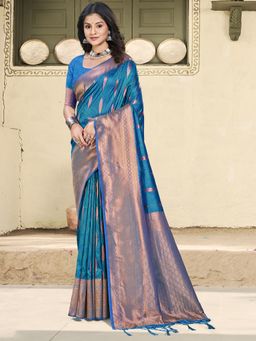 Sutriti - Women Blue Woven Banarasi Silk Saree With Unstitched Blouse