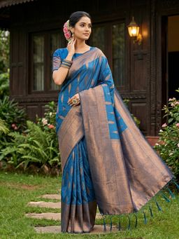Sutriti - Women Blue Woven Banarasi Silk Saree With Unstitched Blouse