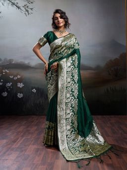 Sutriti - Women Dark Green Banarasi Silk Saree With Unstitched Blouse