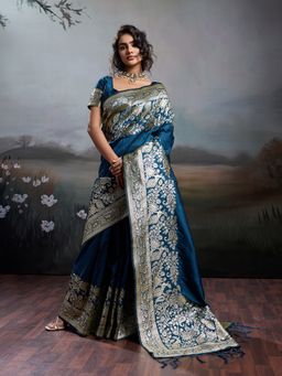 Sutriti - Women Navy Blue Banarasi Silk Saree With Unstitched Blouse
