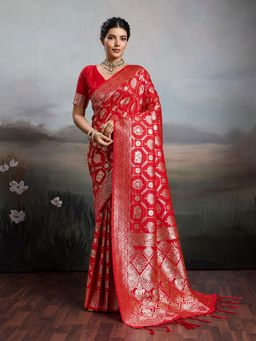 Sutriti - Women Woven Red Kanjivaram Silk Saree With Unstitched Blouse