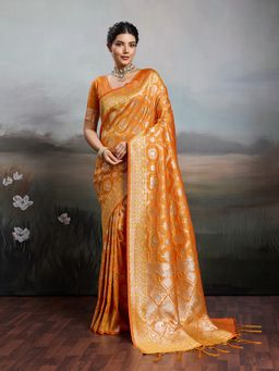Sutriti - Women Woven Orange Kanjivaram Silk Saree With Unstitched Blouse