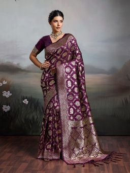 Sutriti - Women Woven Purple Kanjivaram Silk Saree With Unstitched Blouse