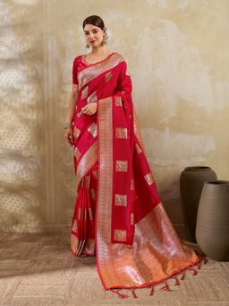 Sutriti - Red Banarasi Soft Silk Saree With Unstitched Blouse