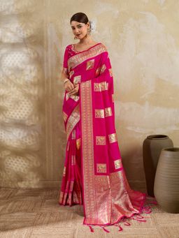 Sutriti - Magenta Banarasi Soft Silk Saree With Unstitched Blouse