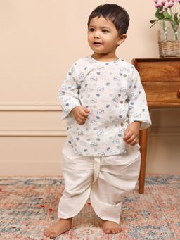 Polka Tots - Elephant Print Angrakha Kurta with Dhoti White and Blue (Set of 2)
