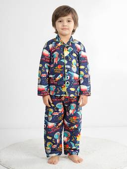 Polka Tots - Kids Cotton Full Sleeve Printed Shirt and Pyjama - Blue (Set of 2)