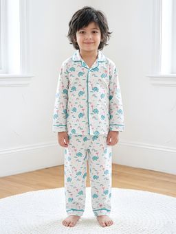 Polka Tots - Kids Cotton Full Sleeve Printed Shirt and Pyjama - White