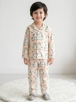 Polka Tots - Kids Cotton Full Sleeves Printed Shirt and Pyjama - Peach